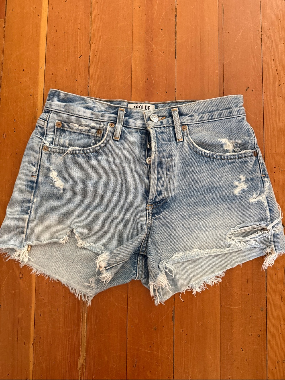 Agolde Parker Light Wash Ripped Denim Cutoff Shorts